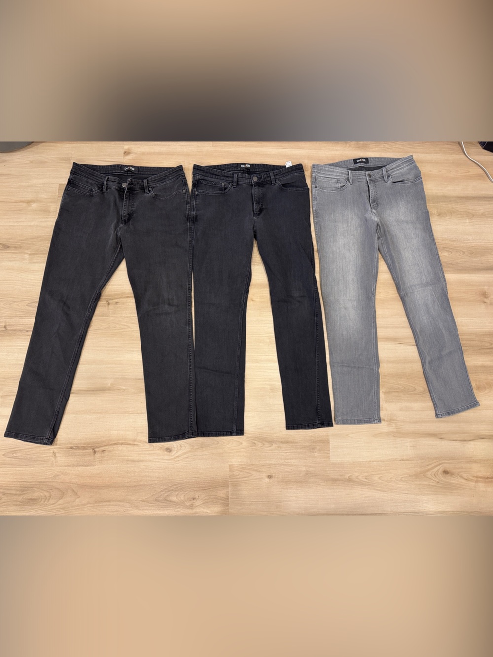 3 pair Slim Fit Men's DU/ER 36W 32L Jeans in Black and Light Gray -Stretch Denim